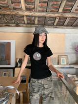 ブラックラウンドレオパードスパンデックスショートスリーブTシャツ