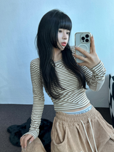 フリース❤サイドシャーリングストライプクロッピードロングスリーブTシャツ 🧸🤎🩶🩵3カラー