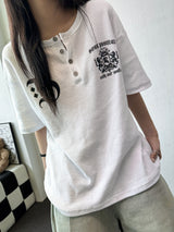 バーシュワッフルヘンリーネックレターグラフィックTシャツ 3カラー