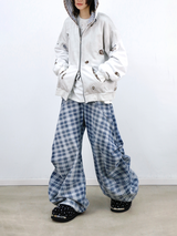 RELABEL (Gemeng) Flower Bud Balloon Check Print Draped Loose-Fit Crinkled Gradient Washed Denim Trousers
