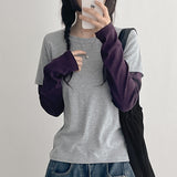 アート ストライプ レイヤード ロング スリーブ Tシャツ (5 colors)