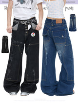 BETWEENAND  Summer-style retro, stylish straight-leg jeans made of heavyweight fabric, with studs, washed finish, available in two colors and made from genuine cowhide