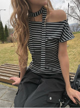 Scon Stripe Plain One-Shoulder Ribbon Short Sleeve T-Shirt