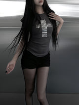 metallic cross stud short sleeve (3color)