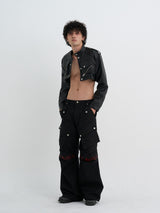 Leather Crop Cargo Jacket (Black)
