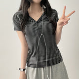 Ruzyn spandex stripe snap short sleeve hoodie