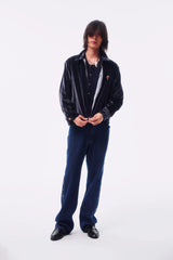 TWILL VELVET CROSS EMBROIDERY COLOR-TOOTH ZIPPER LOGO CASTING NOTCH COLLAR JACKET