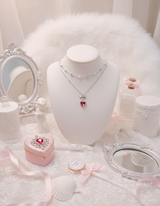 [IDLE Shuhua Necklace] ローズピンクハートプリンセスレイヤードネックレス - シルバーカラー