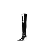 Colorful Bridge | Asymmetrical Over-the-Knee Boots for Women with Belt Clip, Patent Leather, Thin Heels, Pointed Toe, Elastic Boots