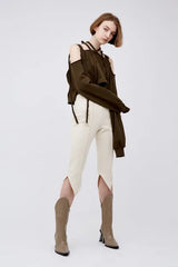 V　Cut　rib　half　pants