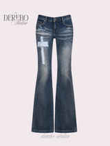 Cross-washed long semi-bootcut denim