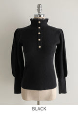 Levin Puff Pearl Button Frill Lace Turtleneck Knit