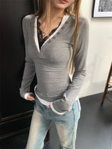 レースレイヤード長袖VネックTシャツ