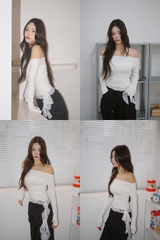 オフショルダーレースストラップロングスリーブTシャツ