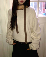 Mebin Lip-Neck Color-Block One-Off-Shoulder Wool Long-Sleeve Knit