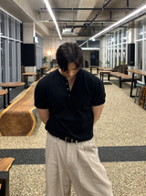 スラブリネン ヘンリーネック 半袖ニット