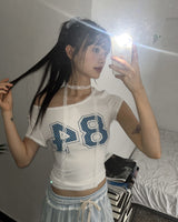 [SET]レンサドットプリントレースリボンオフショルダーショートスリーブTシャツ