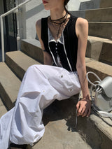ウィスパーレースカラーブロックノースリーブトップス (Black)