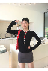 レッドボウスリットロングスリーブニットシャツ