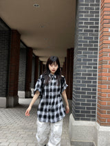 Unisex デイリーレトロチェッカード半袖シャツ