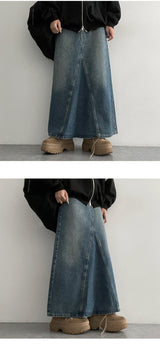 [S~XL]パーリーリウォッシュカットデニムロングスカート
