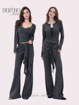 Royal Charcoal Frill Training Three-Piece Setup (Cardigan+Sleeveless+Pants)