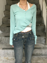 Chloe Button Roll Up 3/4 sleeve 2-Way Vneck (5c)