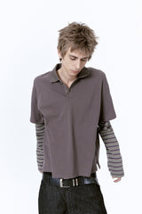 (BASE) LAYERED STRIPE POLO L/S TEE (CHARCOAL)