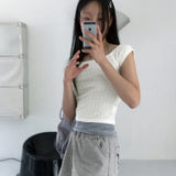 Dejen embossed off-shoulder short sleeve tank top T-shirt