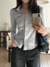 カーオープン襟付きポケット7分丈Tシャツ