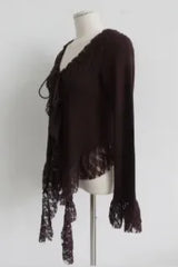 レーストリム フレアスリーブ タイ カーディガン (BROWN)