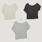 ソフト アンド フレキシブル ハーフオフショルダー ストライプ ショートスリーブ Tシャツ(3 colors)