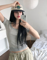 Tiny Stripe U-neck Elbow Length T-shirt