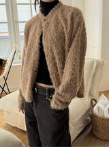 Hairy crop round knit cardigan(3color)