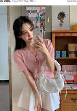 Pastel Pogeun Ribbon Short-Sleeved Knit Cardigan (3color)