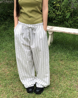 Satin Linen Stripe Wide Banding Long Pants