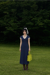 VINTAGE LACE-TRIM POLKA DOT MAXI DRESS