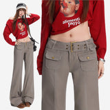 Gray Low-Rise Wide Cargo Pants