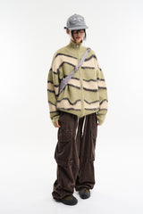 Wavy color block wool zip-up knit