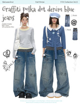 BETWEENAND "Breaking the Rules" Winter Graffiti Polka Dot Splicing Denim Blue Washed Wrinkle Jeans