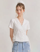 Vivielle Lace Ribbon Shirring V-Neck Blouse White