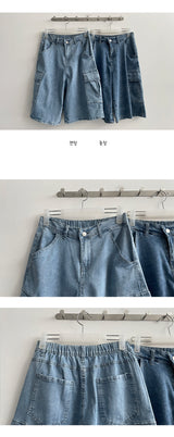 Shirley Spandex Back Banded Wide Cargo Denim Shorts
