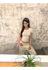 Back scarf bow see-through short sleeve T-shirt