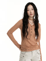 CONFUN Silver Striped Micro Transparent Flowing Long Sleeve Polo Shirt