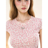 [GirlyFancyClub] Pink leopard print pleated slim fit short sleeve sweet and spicy t-shirt