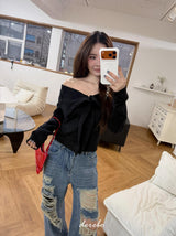 Black Off-Shoulder Cover Long Sleeve T-Shirt