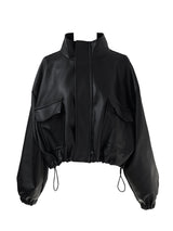 high neck cropped leather jacket