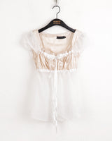 Chash jacquard satin see-through shirring ribbon cap sleeve blouse