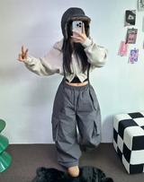 ヒーター❤カーゴオーバーロングバンディングパンツ 🩶🖤🤎💚4COLOR