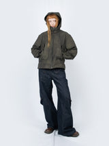 Curved Hood Leather Jacket (Khaki Black)
